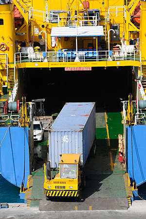 Loading a container on to a ferry on the port in Nassau, Bahamas.