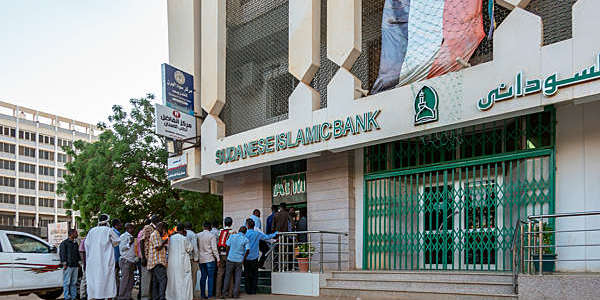 People queuing at the ATM disbursement counter of the Sudan Islamic bank.