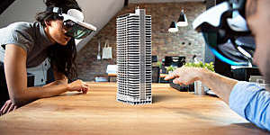 Two people working on virtual 3d building by using AR glasses.