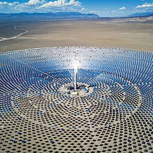 Aerial view of a large solar thermal power plant in the Nevada desert, USA
