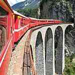 Bernina Express train on the Swiss alps.