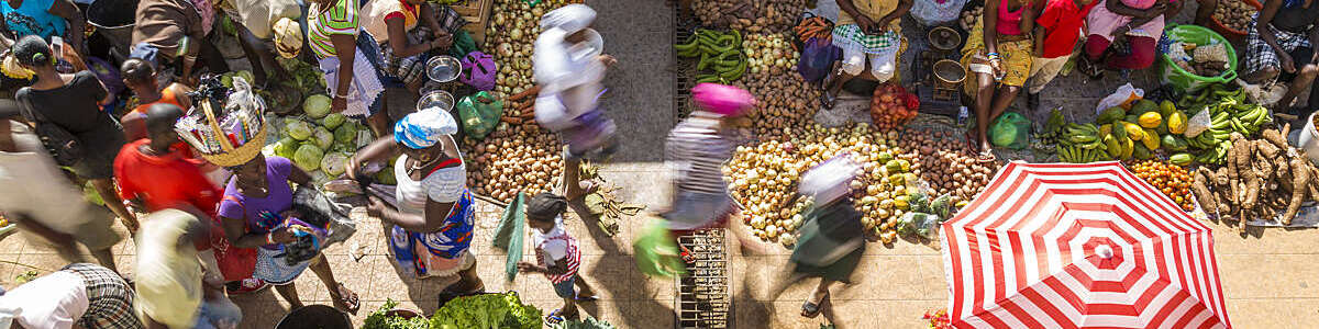 Bird’s eye view of a colourful, bustling vegetable market in Assomada, Santiago Island, Cape Verde.