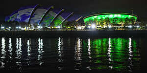 The SEC Hydro is seen lit up in green during the COP26 summit, in Glasgow, United Kingdom.