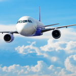 Airplane with a background of cloudy sky.